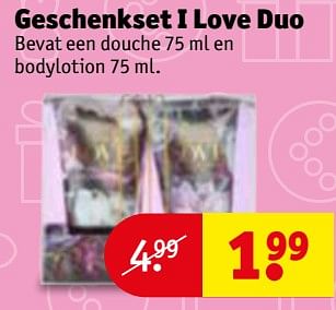 Aanbiedingen Geschenkset i love duo - Huismerk - Kruidvat - Geldig van 21/11/2017 tot 26/11/2017 bij Kruidvat