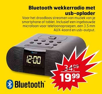 Aanbiedingen Bluetooth wekkerradio met usb-oplader - Huismerk - Trekpleister - Geldig van 21/11/2017 tot 26/11/2017 bij Trekpleister