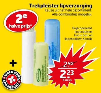 Aanbiedingen Lippenbalsem hydra soft en lippenbalsem kamille - Huismerk - Trekpleister - Geldig van 21/11/2017 tot 26/11/2017 bij Trekpleister