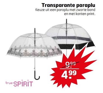 Aanbiedingen Transparante paraplu - True Spirit - Geldig van 21/11/2017 tot 26/11/2017 bij Trekpleister