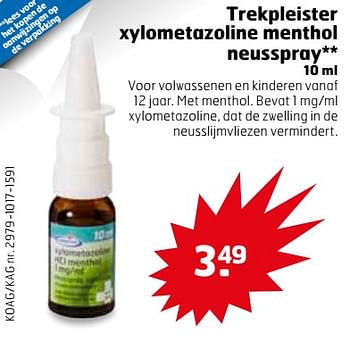 Aanbiedingen Trekpleister xylometazoline menthol neusspray - Huismerk - Trekpleister - Geldig van 21/11/2017 tot 26/11/2017 bij Trekpleister