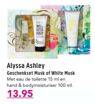 Aanbiedingen Alyssa ashley geschenkset musk of white musk met eau de toilette en hand + bodymoisturiser - Alyssa Ashley - Geldig van 20/11/2017 tot 03/12/2017 bij D.I.O. Drogist