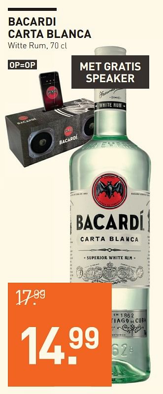 Aanbiedingen Bacardi carta blanca witte rum - Bacardi - Geldig van 20/11/2017 tot 04/12/2017 bij Gall & Gall