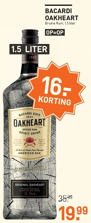 Aanbiedingen Bacardi oakheart bruine rum - Bacardi - Geldig van 20/11/2017 tot 04/12/2017 bij Gall & Gall