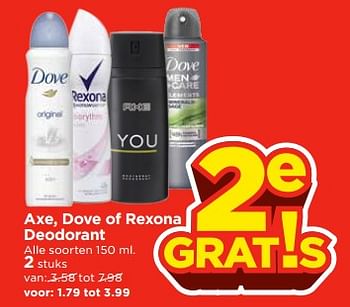 Aanbiedingen Axe, dove of rexona deodorant - Dove - Geldig van 26/11/2017 tot 02/12/2017 bij Vomar