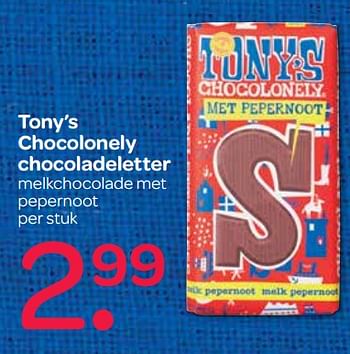 Aanbiedingen Tony`s chocolonely chocoladeletter melkchocolade met pepernoot - Tony's - Geldig van 23/11/2017 tot 29/11/2017 bij Spar