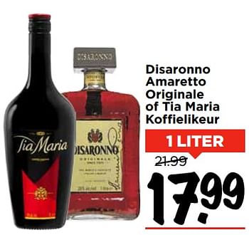 Aanbiedingen Disaronno amaretto originale of tia maria koffielikeur - Disaronno - Geldig van 26/11/2017 tot 02/12/2017 bij Vomar