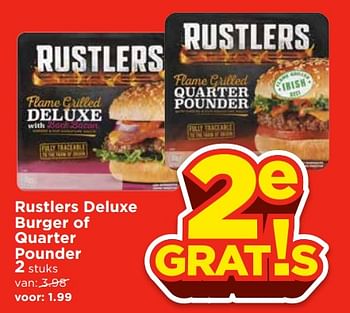 Aanbiedingen Rustlers deluxe burger of quarter pounder - Rustlers - Geldig van 26/11/2017 tot 02/12/2017 bij Vomar