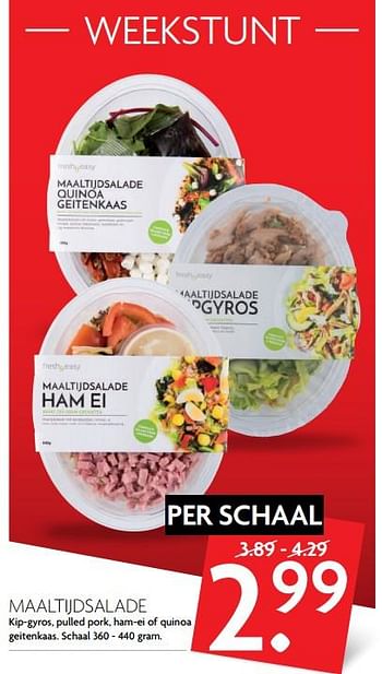 Aanbiedingen Maaltijdsalade kip-gyros, pulled pork, ham-ei of quinoa geitenkaas - Huismerk - Deka Markt - Geldig van 26/11/2017 tot 02/12/2017 bij Deka Markt
