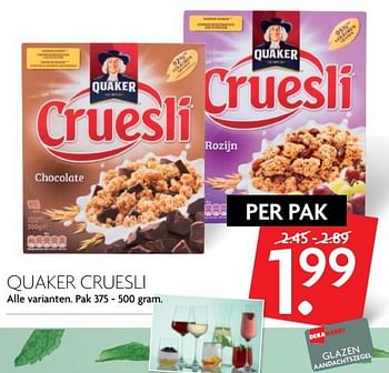 Aanbiedingen Quaker cruesli - Quaker - Geldig van 26/11/2017 tot 02/12/2017 bij Deka Markt