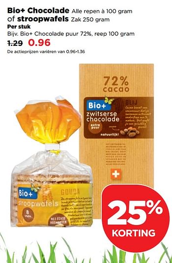 Aanbiedingen Bio+ chocolade puur reep - Bio+ - Geldig van 26/11/2017 tot 02/12/2017 bij Plus