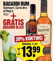 Aanbiedingen Bacardi rum oakheart, carta oro of negra - Bacardi - Geldig van 26/11/2017 tot 02/12/2017 bij Dirk III