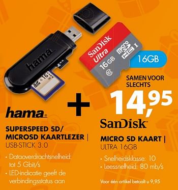 Aanbiedingen Hama superspeed sd- microsd kaartlezer usb-stick 3.0 +sandisk micro sd kaart ultra 16gb - Hama - Geldig van 26/11/2017 tot 03/12/2017 bij Expert