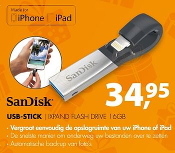 Aanbiedingen Sandisk usb-stick ixpand flash drive 16gb - Sandisk - Geldig van 26/11/2017 tot 03/12/2017 bij Expert