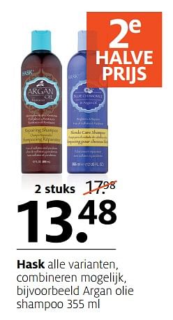 Aanbiedingen Hask argan olie shampoo - Hask - Geldig van 27/11/2017 tot 03/12/2017 bij Etos