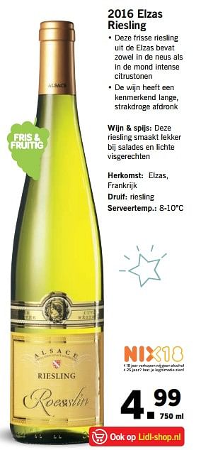 Aanbiedingen 2016 elzas riesling - Witte wijnen - Geldig van 27/11/2017 tot 03/12/2017 bij Lidl
