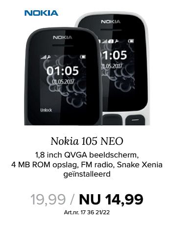 Aanbiedingen Nokia 105 neo - Nokia - Geldig van 27/11/2017 tot 10/12/2017 bij Kijkshop