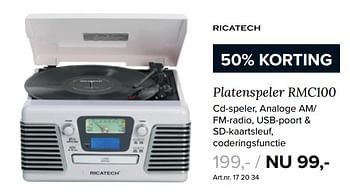 Aanbiedingen Ricatech platenspeler rmc100 - Ricatech - Geldig van 27/11/2017 tot 10/12/2017 bij Kijkshop