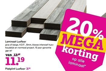 Aanbiedingen Laminaat luxfloor grijs of beige, h.d.f., klasse intensief huishoudelijk en normaal project, 15 jaar garantie - Luxfloor - Geldig van 27/11/2017 tot 10/12/2017 bij Leen Bakker