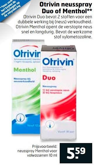 Aanbiedingen Neusspray menthol voor volwassenen - Otrivin - Geldig van 28/11/2017 tot 03/12/2017 bij Trekpleister