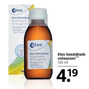 Aanbiedingen Etos hoestdrank volwassen - Huismerk - Etos - Geldig van 27/11/2017 tot 03/12/2017 bij Etos