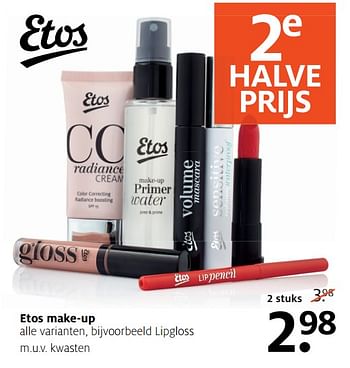 Aanbiedingen Etos make-up lipgloss m.u.v. kwasten - Huismerk - Etos - Geldig van 27/11/2017 tot 03/12/2017 bij Etos