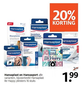 Aanbiedingen Hansaplast en hansasport hansaplast be happy pleisters - Hansaplast - Geldig van 27/11/2017 tot 03/12/2017 bij Etos