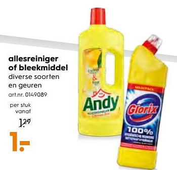 Aanbiedingen Andy allesreiniger of glorix bleekmiddel - Huismerk - Blokker - Geldig van 25/11/2017 tot 05/12/2017 bij Blokker