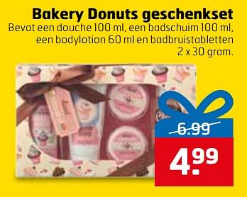 Aanbiedingen Bakery donuts geschenkset bevat een douche , een badschuim , een bodylotion en badbruistabletten - Bakery Donuts - Geldig van 28/11/2017 tot 03/12/2017 bij Trekpleister