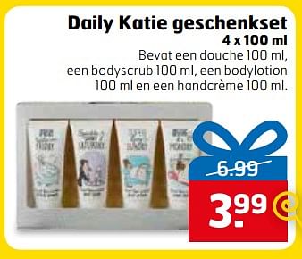 Aanbiedingen Daily katie geschenkset bevat een douche , een bodyscrub , een bodylotion en een handcrème - Daily Kate - Geldig van 28/11/2017 tot 03/12/2017 bij Trekpleister