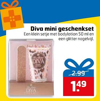 Aanbiedingen Diva mini geschenkset een klein setje met bodylotion en een glitter nagelvijl - Diva - Geldig van 28/11/2017 tot 03/12/2017 bij Trekpleister