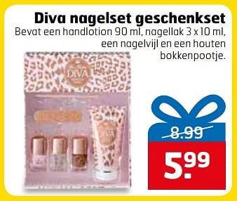 Aanbiedingen Diva nagelset geschenkset bevat een handlotion , nagellak , een nagelvijl en een houten bokkenpootje - Diva - Geldig van 28/11/2017 tot 03/12/2017 bij Trekpleister
