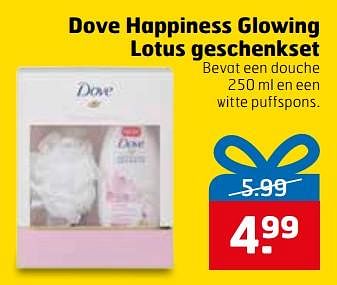 Aanbiedingen Dove happiness glowing lotus geschenkset bevat een douche en een witte puffspons - Dove - Geldig van 28/11/2017 tot 03/12/2017 bij Trekpleister