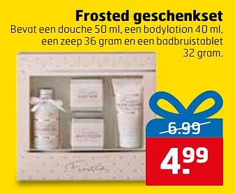 Aanbiedingen Frosted geschenkset bevat een douche , een bodylotion , een zeep en een badbruistablet - Frosted - Geldig van 28/11/2017 tot 03/12/2017 bij Trekpleister