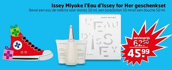 Aanbiedingen Issey miyake l`eau d`issey for her geschenkset bevat een eau de toilette voor dames , een bodylotion en een douche - Issey Miyake - Geldig van 28/11/2017 tot 03/12/2017 bij Trekpleister