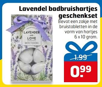 Aanbiedingen Lavendel badbruishartjes geschenkset bevat een zakje met bruistabletten in de vorm van hartjes - Lavendel - Geldig van 28/11/2017 tot 03/12/2017 bij Trekpleister