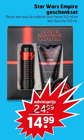 Aanbiedingen Star wars empire geschenkset bevat een eau de toilette voor heren en een douche - Star Wars - Geldig van 28/11/2017 tot 03/12/2017 bij Trekpleister