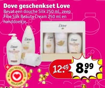 Aanbiedingen Dove geschenkset love bevat een douche silk , zeep fine silk beauty cream en handdoekje - Dove - Geldig van 28/11/2017 tot 10/12/2017 bij Kruidvat