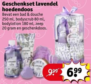 Aanbiedingen Geschenkset lavendel hoedendoos bevat een bad + douche , bodyscrub , bodylotion , zeep en geschenkdoos - Lavendel - Geldig van 28/11/2017 tot 10/12/2017 bij Kruidvat