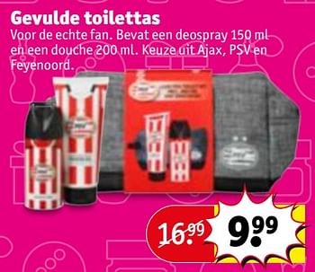 Aanbiedingen Gevulde toilettas voor de echte fan. bevat een deospray en een douche keuze uit ajax, psv en feyenoord - Huismerk - Kruidvat - Geldig van 28/11/2017 tot 10/12/2017 bij Kruidvat