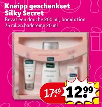 Aanbiedingen Kneipp geschenkset silky secret bevat een douche , bodylotion en badcrème - Kneipp - Geldig van 28/11/2017 tot 10/12/2017 bij Kruidvat