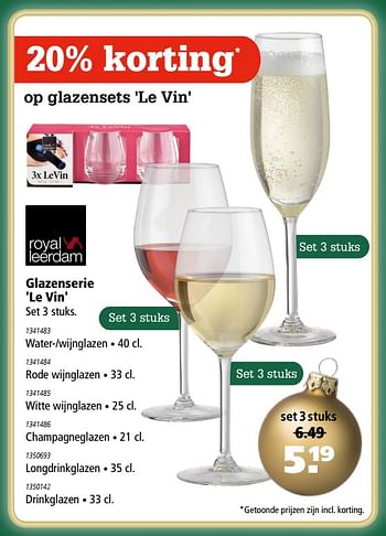 Aanbiedingen Glazenserie le vin water--wijnglazen - Royal Leerdam - Geldig van 30/11/2017 tot 24/12/2017 bij Marskramer