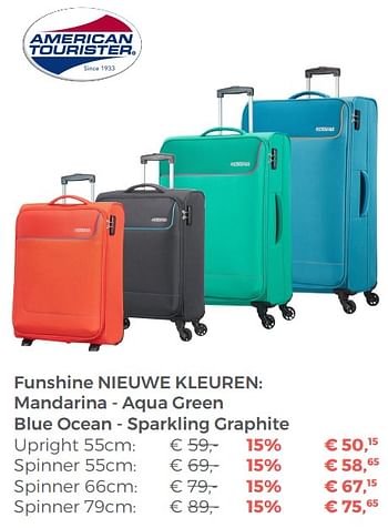 Aanbiedingen Funshine nieuwe kleuren: mandarina - aqua green blue ocean - sparkling graphite - American Tourister - Geldig van 22/04/2018 tot 12/05/2018 bij Multi Bazar