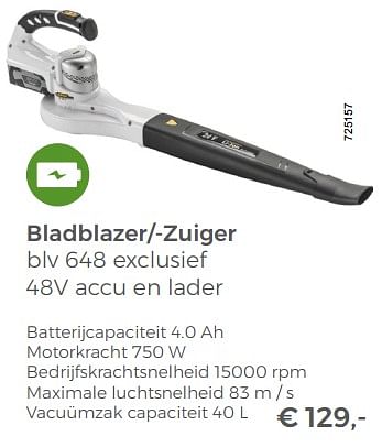 Aanbiedingen Alpina bladblazer--zuiger blv 648 exclusief 48v accu en lader - Alpina - Geldig van 20/05/2018 tot 30/06/2018 bij Multi Bazar