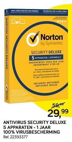 Aanbiedingen Antivirus security deluxe 5 apparaten - 1 jaar 100% virusbescherming - Norton - Geldig van 06/11/2018 tot 11/12/2018 bij Supra Bazar