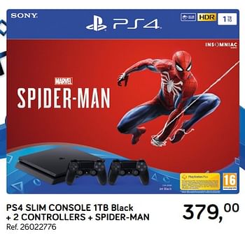 Aanbiedingen Sony ps4 slim console 1tb black + 2 controllers + spider-man - Sony - Geldig van 06/11/2018 tot 11/12/2018 bij Supra Bazar
