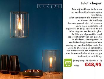Aanbiedingen Julot - koper (hanglamp: 78586-01-17) - Lucide - Geldig van 02/12/2018 tot 06/01/2019 bij Multi Bazar
