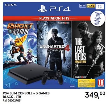 Aanbiedingen Ps4 slim console + 3 games black - 1tb - Sony - Geldig van 04/12/2018 tot 08/01/2019 bij Supra Bazar