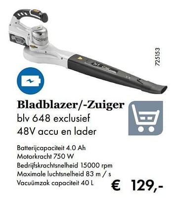 Aanbiedingen Alpina bladblazer--zuiger blv 648 exclusief 48v accu en lader - Alpina - Geldig van 18/02/2019 tot 31/03/2019 bij Multi Bazar