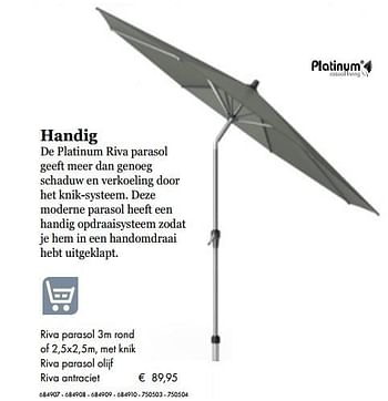 Aanbiedingen Riva parasol 3m rond of 2,5x2,5m, met knikriva parasol olijf riva antraciet - Platinum Casual Living - Geldig van 05/03/2019 tot 31/05/2019 bij Multi Bazar